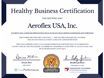 Aeroflex USA, Inc สหรัฐอเมริกา ได้รับ Healthy Business Certification ปี 2020 / Aeroflex USA, Inc at United States of America received the Healthy Business Certification 2020